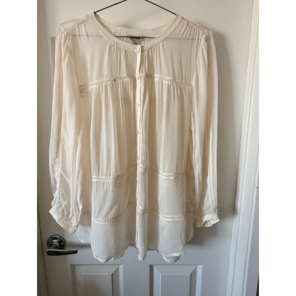 Lucky Brand Ivory Boho Button Down Blouse Ladder Lace Crochet Trim Cream Medium